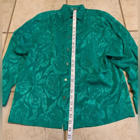 Vintage Emerald Green Floral Rose Jacquard Satin Blouse Top 80s 90s Size L/XL - Picture 4 of 4